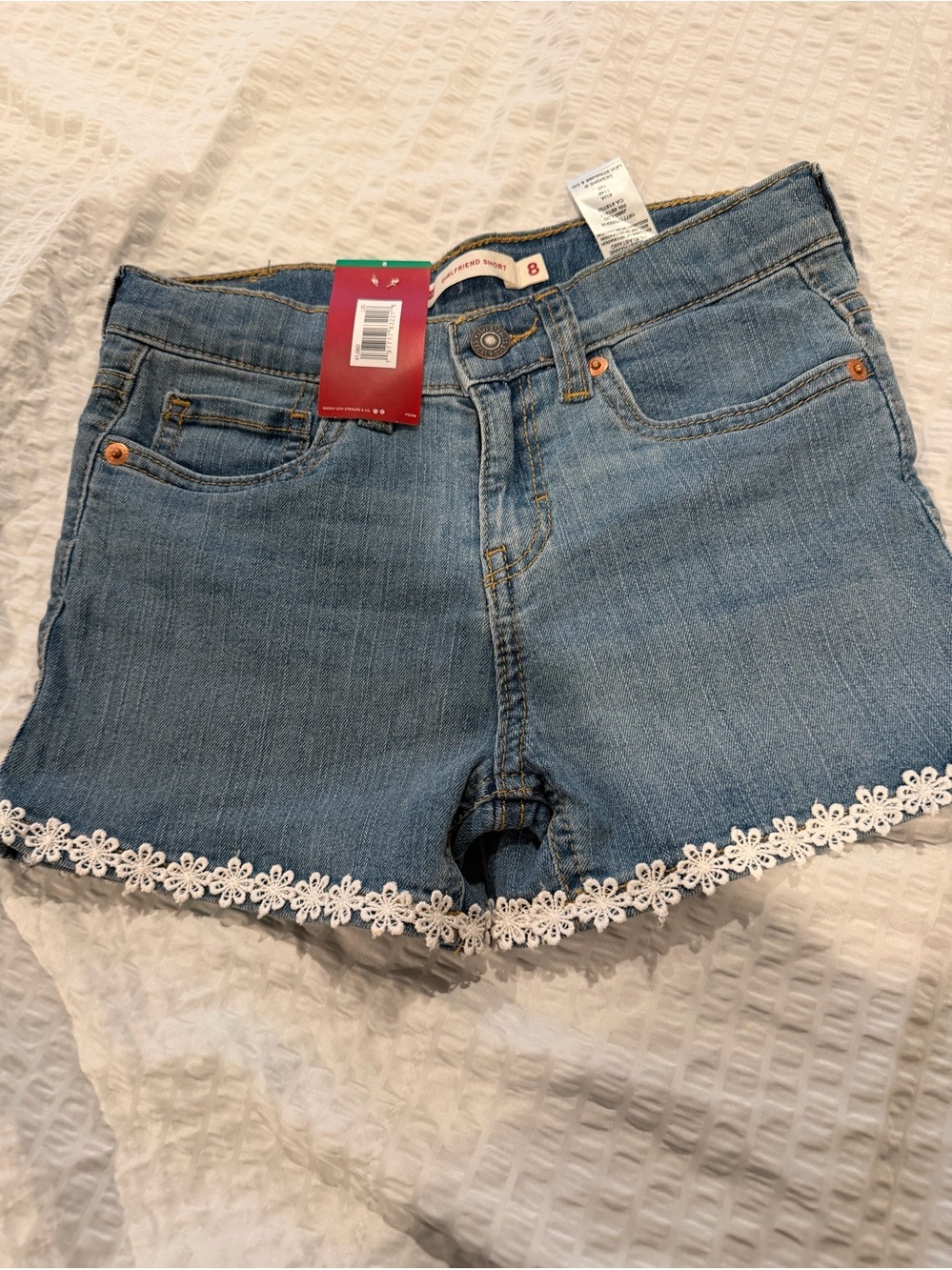 Levi's Light Blue Denim Shorts with White Floral Lace Hem